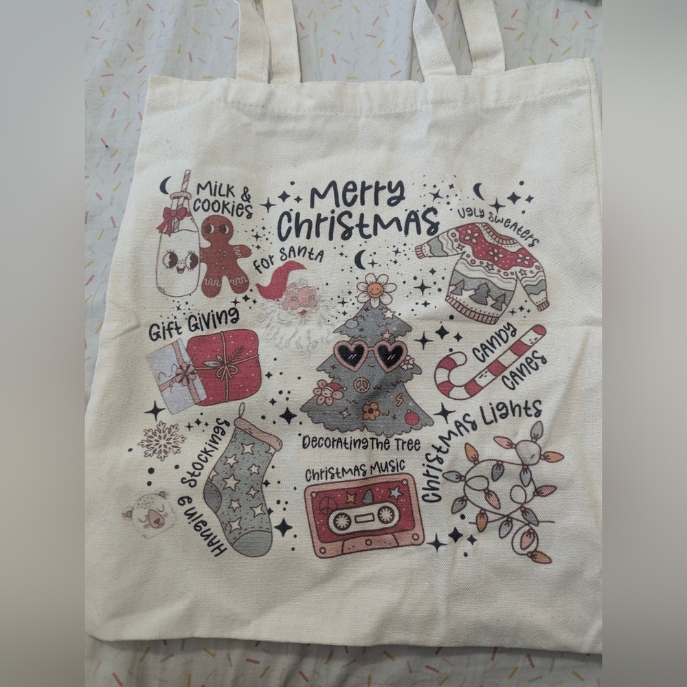 Merry Christmas Canvas Tote Bag - Festive Cream and Red Holiday Icons